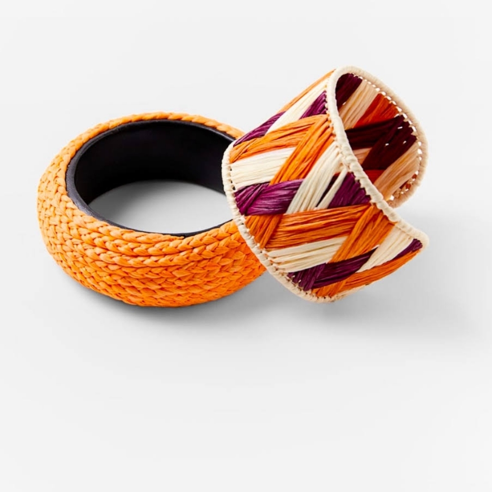 ZARA Natural Raffia & Mango Tree Wood Bracelet Set in Orange & Burgundy - Picture 2 of 10